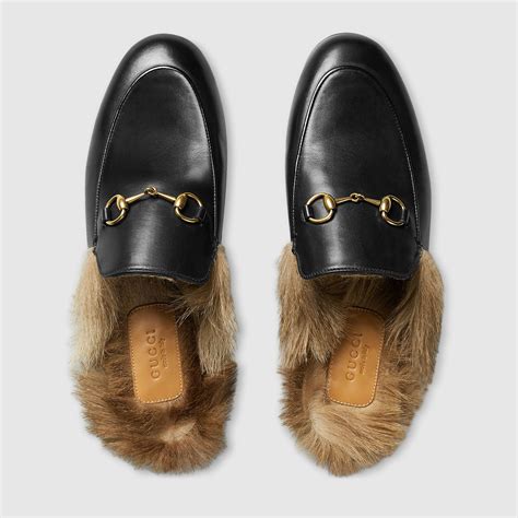 kangaroo lined gucci loafers|Black Leather Princetown Men's Slipper With Lamb Wool .